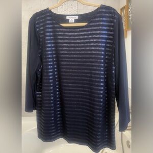Liz Claiborne Navy Sequin Striped 3/4 Length Sleeve Top